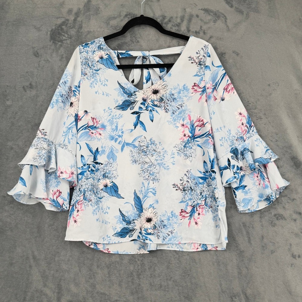Kut From The Kloth Top Womens Size L Bell Sleeve Tiered Boho Floral Tie Neck